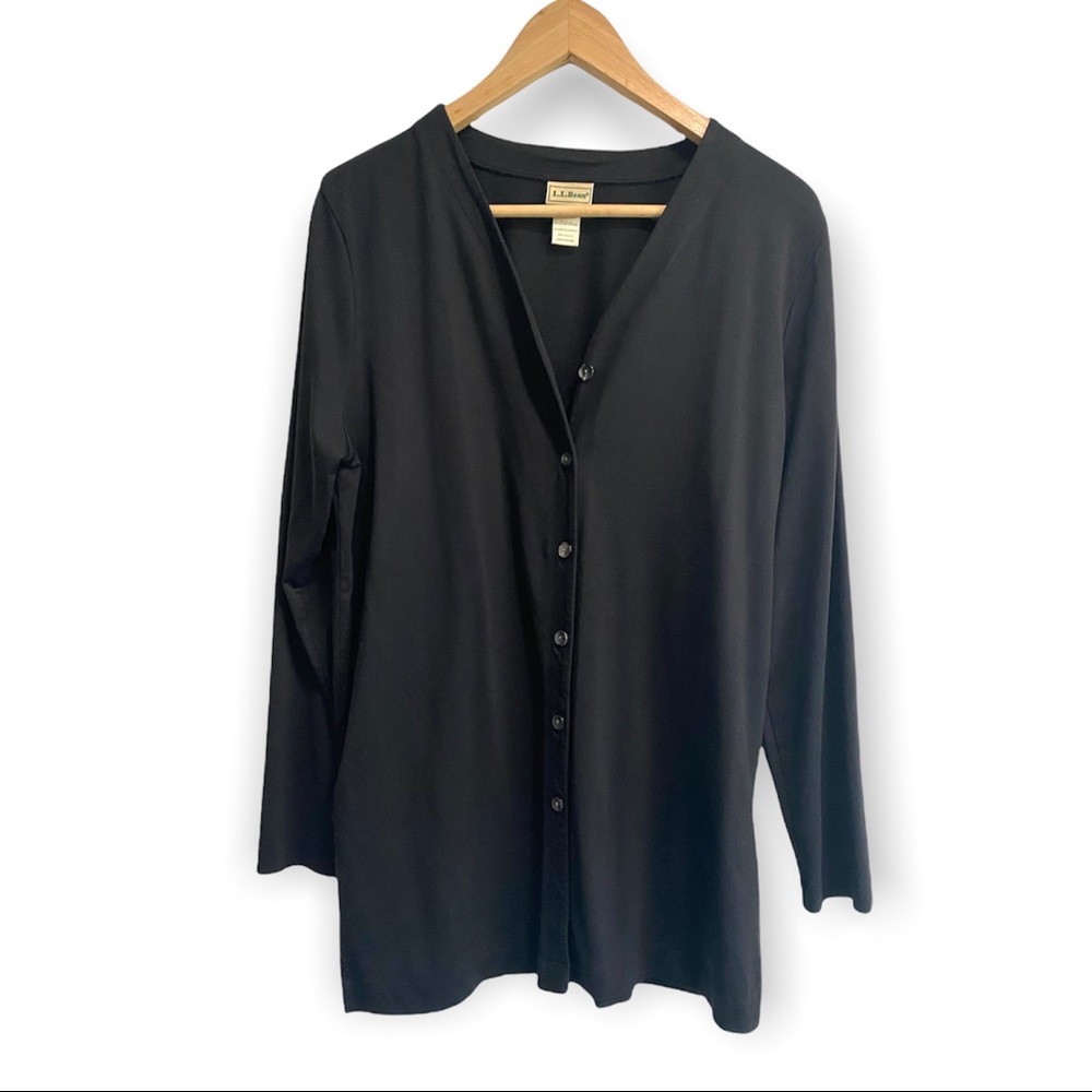LL Bean Traveler Button Front V Neck Stretchy Long Cardigan Black Medium Reg